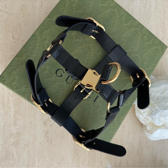 NWB Gucci GG Logo Leather Pet - Dog Black Harness Size L - Picture 4 of 16